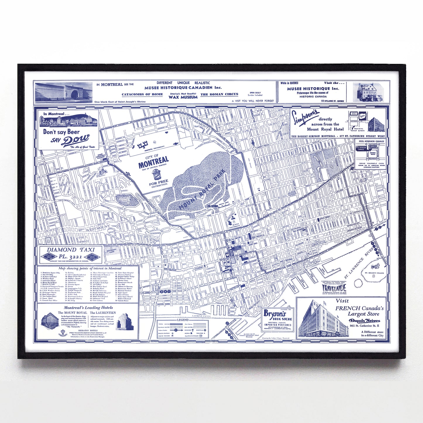 “City of Montreal Map of Central Portion” print by Arthur Oligny (1947)